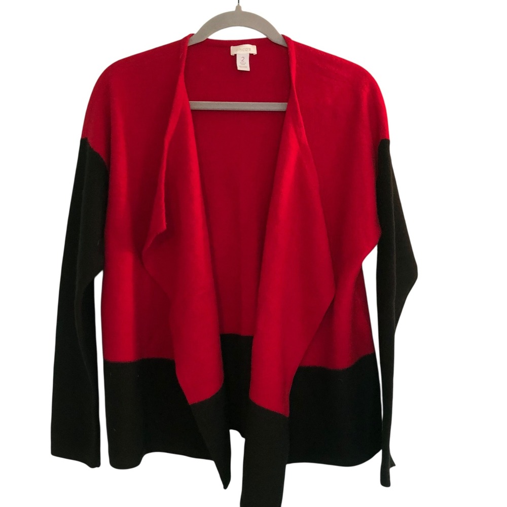 Chico's Red Black Wool Waterfall  Cardigan Sweater Open Front